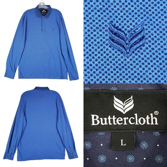 Buttercloth Shirt Mens Size Large L Long Sleeve Polo Blue Geometric Collared - Picture 1 of 12